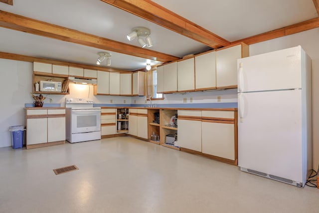 370 Christian Ridge Rd, Ellsworth, ME 04605 - kitchen featuring a sink, white appliances, beam ceiling, visible vents, and under cabinet range hood