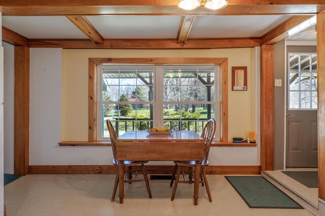 370 Christian Ridge Rd, Ellsworth, ME 04605 - dining area with baseboards and beamed ceiling