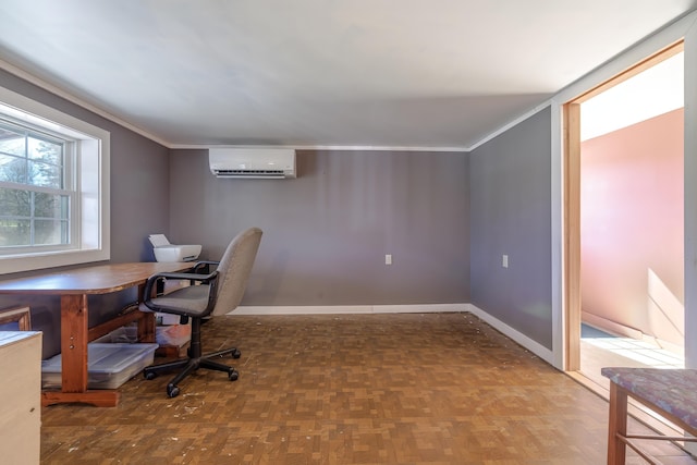office featuring a wall mounted air conditioner, baseboards, and crown molding