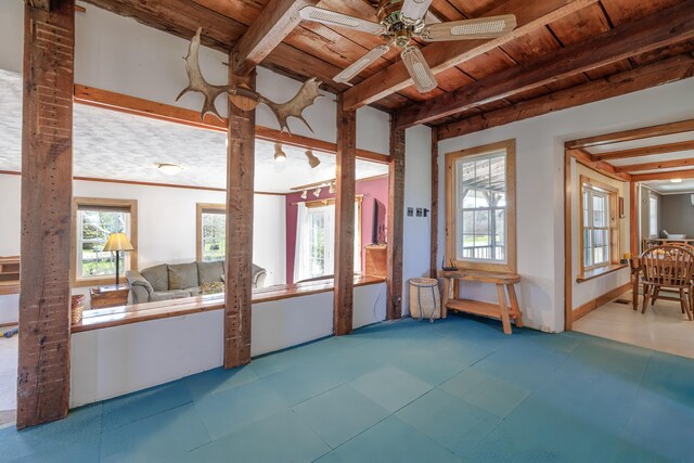 370 Christian Ridge Rd, Ellsworth, ME 04605 - interior space with wooden ceiling, ceiling fan, tile patterned floors, and beam ceiling