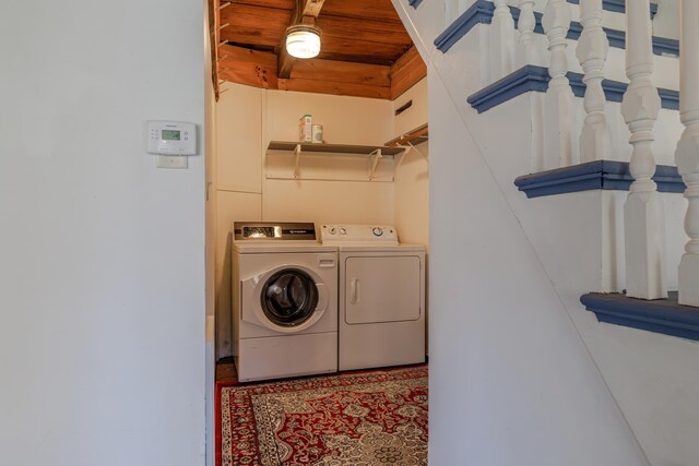 370 Christian Ridge Rd, Ellsworth, ME 04605 - washroom featuring wooden ceiling, separate washer and dryer, and laundry area