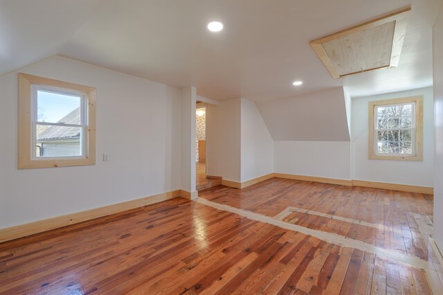 370 Christian Ridge Rd, Ellsworth, ME 04605 - bonus room featuring attic access, hardwood / wood-style floors, baseboards, vaulted ceiling, and recessed lighting