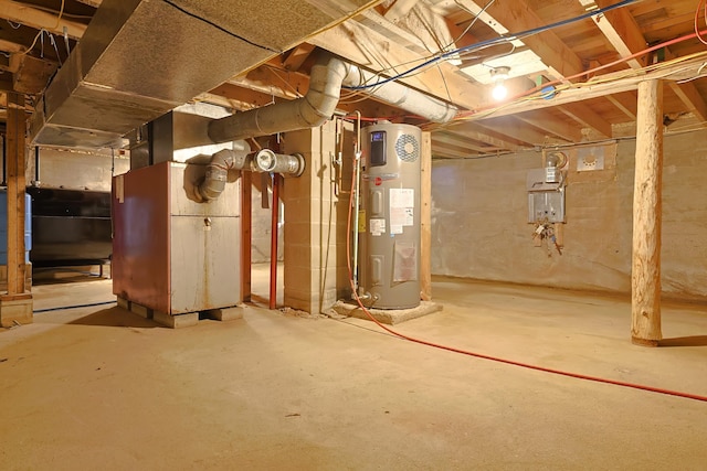 unfinished basement with heat pump water heater and heating unit