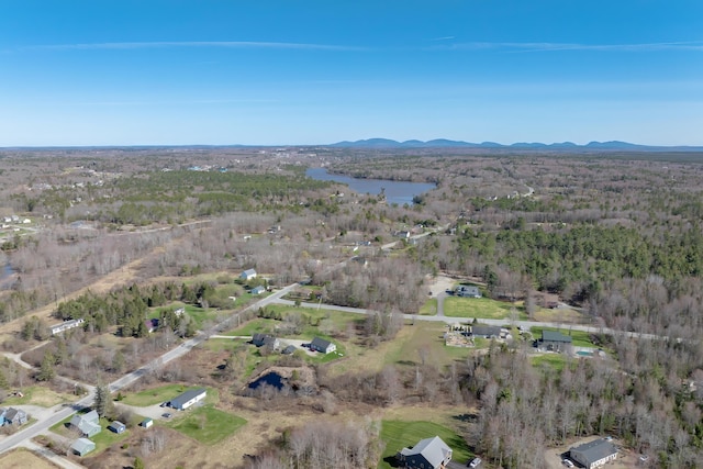 birds eye view of property with a view of trees and a water and mountain view