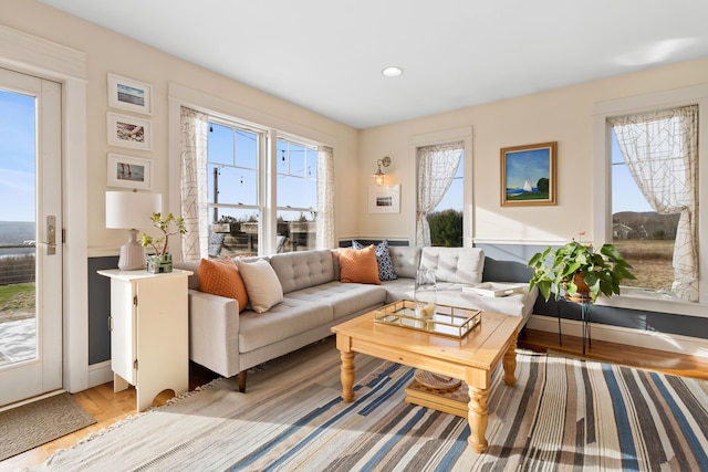 83 Barrett Hill Rd, Hope, ME 04847 - living room featuring light wood finished floors, baseboards, and recessed lighting