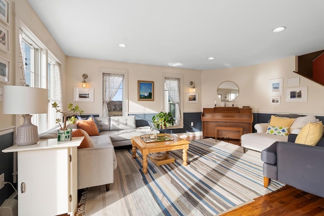 83 Barrett Hill Rd, Hope, ME 04847 - living area with wood finished floors, recessed lighting, and a wainscoted wall