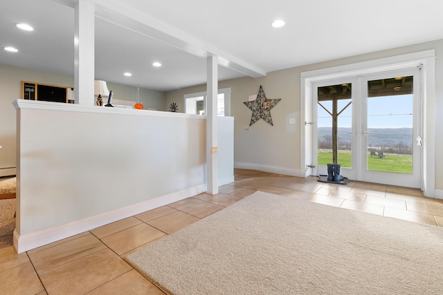 83 Barrett Hill Rd, Hope, ME 04847 - interior space featuring tile patterned floors, plenty of natural light, baseboards, recessed lighting, and a baseboard radiator