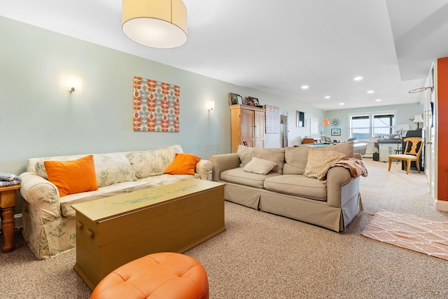 83 Barrett Hill Rd, Hope, ME 04847 - living room featuring carpet floors and recessed lighting