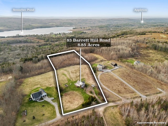 83 Barrett Hill Rd, Hope, ME 04847 - aerial view of property's location with a large body of water and property parcel outlined