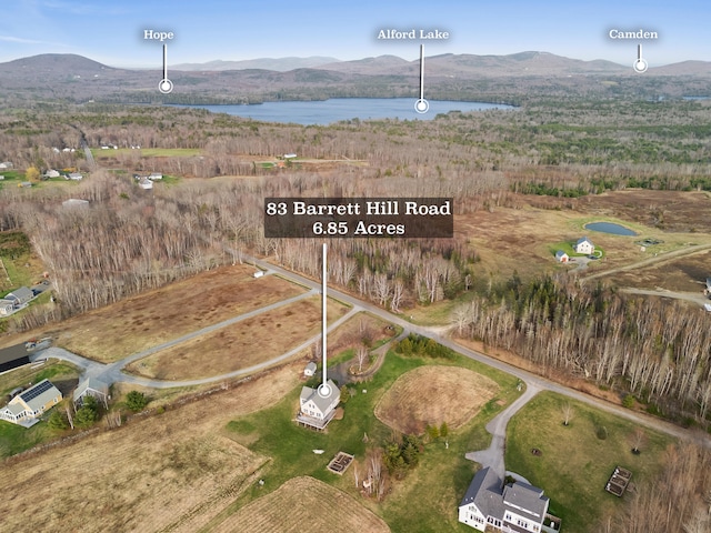 83 Barrett Hill Rd, Hope, ME 04847 - aerial overview of property's location featuring a water and mountain view