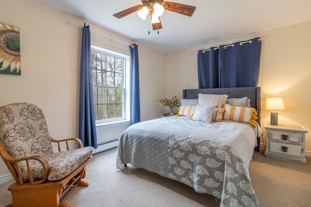 bedroom with carpet flooring, baseboards, ceiling fan, and a baseboard heating unit