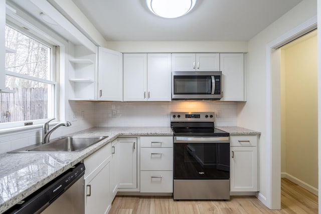 3 Great Pond Ter Unit 3, Cape Elizabeth, ME 04107 - kitchen featuring light wood finished floors, a sink, stainless steel appliances, white cabinetry, and decorative backsplash