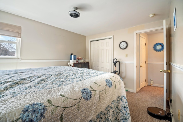 bedroom featuring carpet flooring, a closet, and baseboards