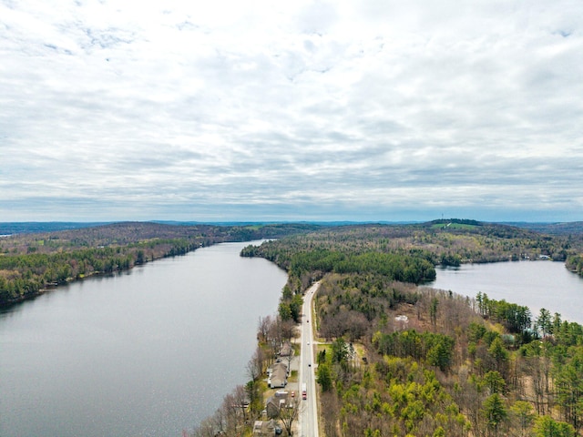 aerial view of a nearby body of water and a heavily wooded area