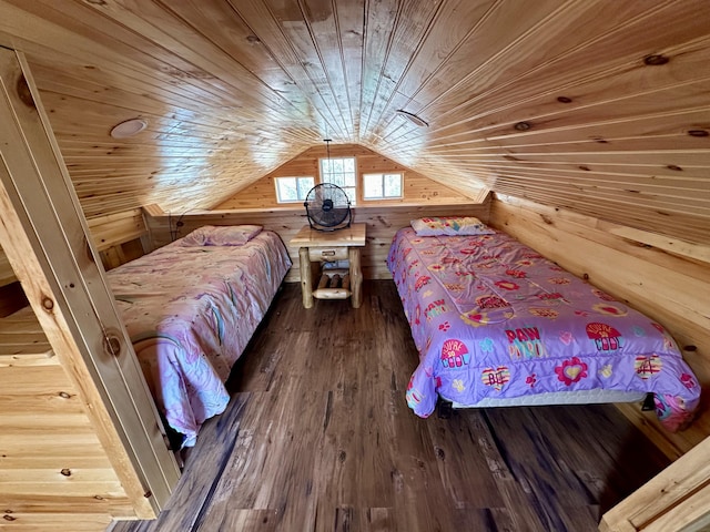 42 Cyrs Siding Rd, Saint Albans, ME 04971 - bedroom featuring wood ceiling, wood walls, lofted ceiling, and dark wood finished floors