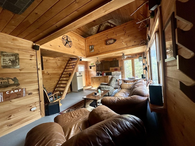 42 Cyrs Siding Rd, Saint Albans, ME 04971 - living room featuring wood walls, a ceiling fan, and wood ceiling