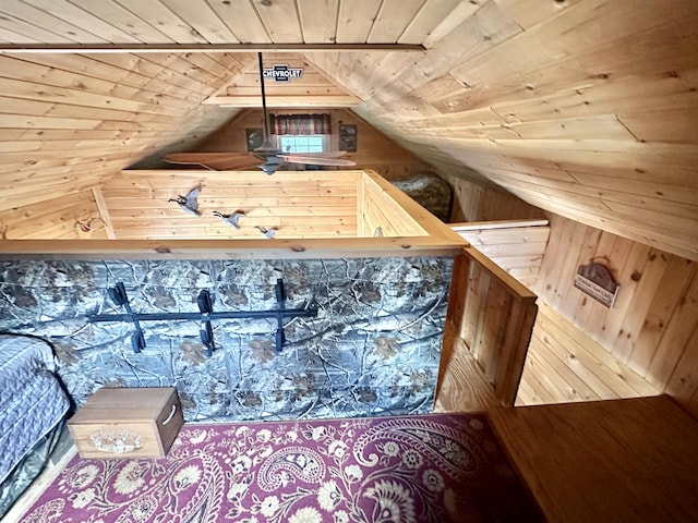 42 Cyrs Siding Rd, Saint Albans, ME 04971 - bedroom featuring wood ceiling, lofted ceiling, and wood walls