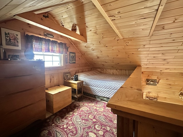 42 Cyrs Siding Rd, Saint Albans, ME 04971 - bedroom featuring wood walls, vaulted ceiling, and wooden ceiling
