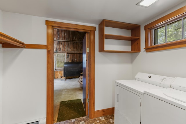 44 Pascal Ave, Rockport, ME 04856 - clothes washing area featuring heating fuel, separate washer and dryer, a baseboard radiator, and baseboards