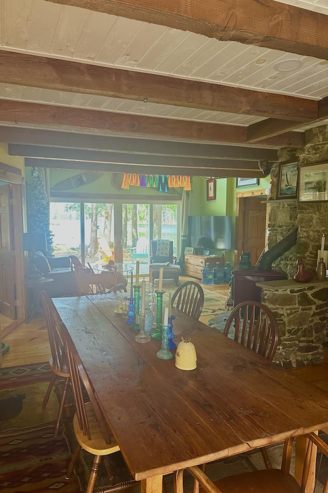 1363 Hallowell Rd, Litchfield, ME 04350 - dining room featuring beamed ceiling and wooden ceiling