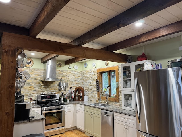 1363 Hallowell Rd, Litchfield, ME 04350 - kitchen with stainless steel appliances, a sink, wall chimney exhaust hood, tasteful backsplash, and beam ceiling