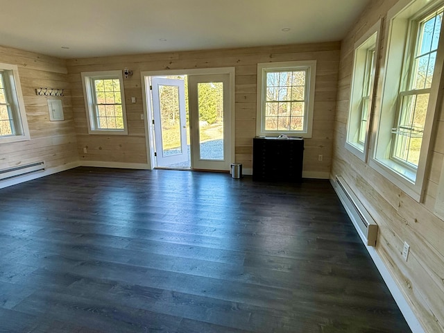 26 Hamilton Dr, Vinalhaven, ME 04863 - spare room with wood walls, baseboard heating, baseboards, dark wood-style floors, and a baseboard radiator