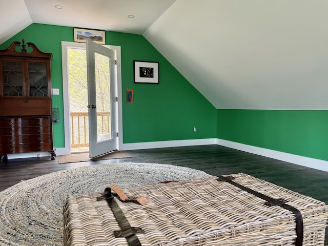 26 Hamilton Dr, Vinalhaven, ME 04863 - additional living space with lofted ceiling, baseboards, wood finished floors, and french doors
