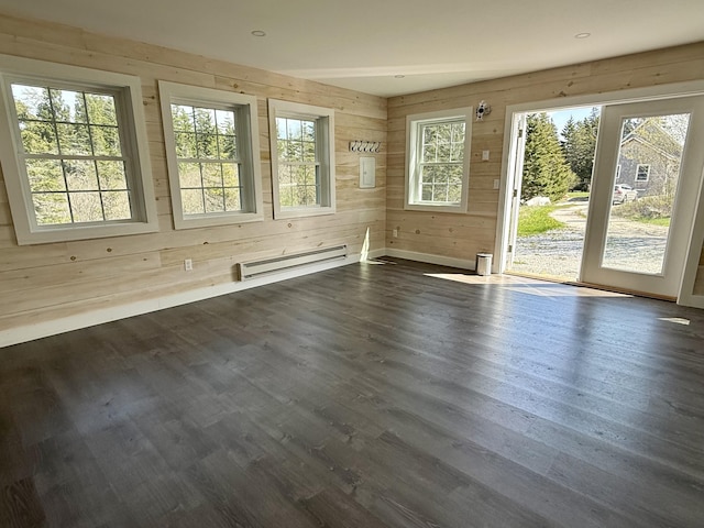 26 Hamilton Dr, Vinalhaven, ME 04863 - spare room with a baseboard radiator, healthy amount of natural light, wooden walls, baseboards, and dark wood-style floors