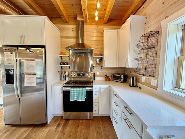 26 Hamilton Dr, Vinalhaven, ME 04863 - kitchen with stainless steel appliances, wood ceiling, open shelves, wall chimney exhaust hood, and beamed ceiling