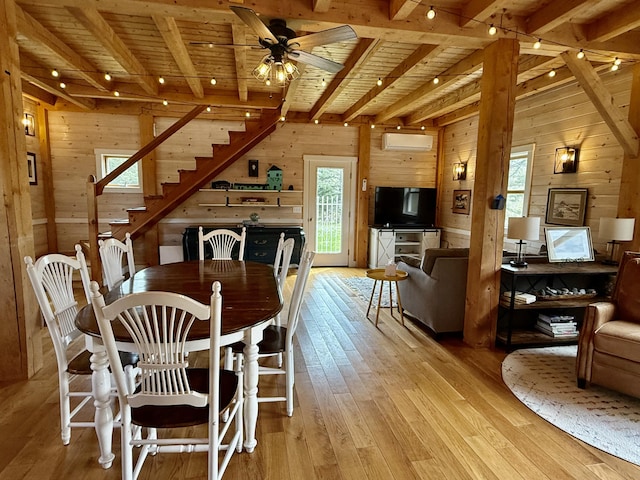 26 Hamilton Dr, Vinalhaven, ME 04863 - dining room with wood ceiling, wood walls, beam ceiling, a wall unit AC, and wood-type flooring