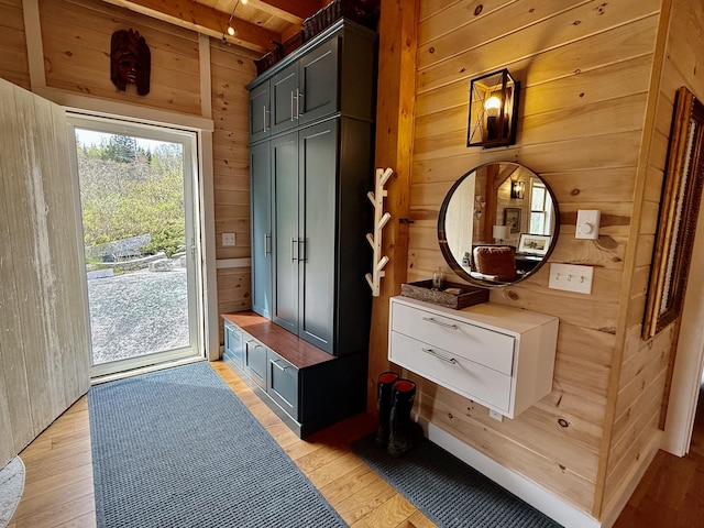 26 Hamilton Dr, Vinalhaven, ME 04863 - mudroom featuring wood walls, light wood-style flooring, and wood ceiling