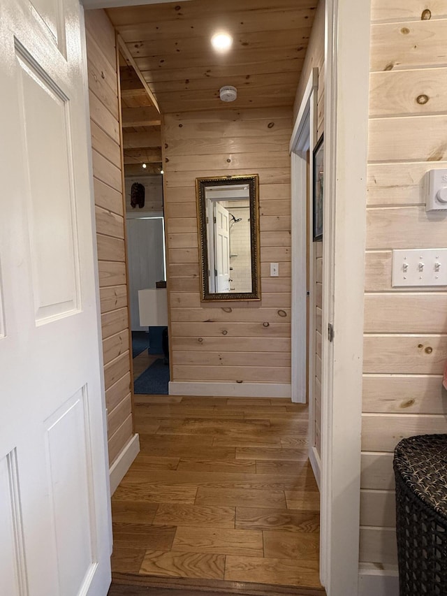 26 Hamilton Dr, Vinalhaven, ME 04863 - corridor featuring wooden walls, hardwood / wood-style flooring, wooden ceiling, and recessed lighting