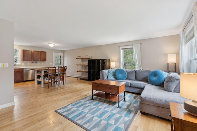 living area featuring light wood-style floors and baseboard heating