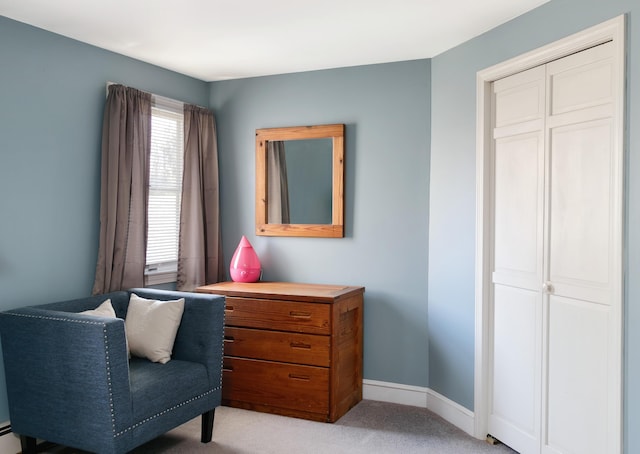 63 Fletcher St, Kennebunk, ME 04043 - sitting room featuring light carpet, a baseboard heating unit, and baseboards