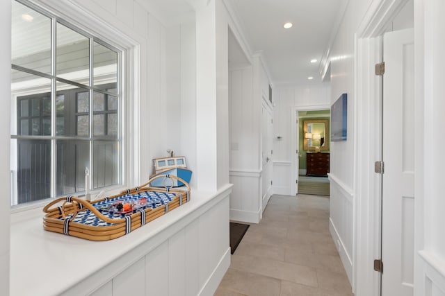 1 Harris Ln, Kennebunk, ME 04043 - corridor with a decorative wall, light tile patterned flooring, and recessed lighting