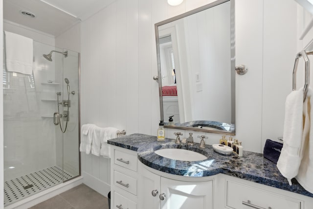 1 Harris Ln, Kennebunk, ME 04043 - full bath with a stall shower, vanity, and tile patterned flooring
