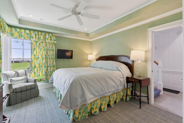1 Harris Ln, Kennebunk, ME 04043 - carpeted bedroom with a ceiling fan, a raised ceiling, and ornamental molding