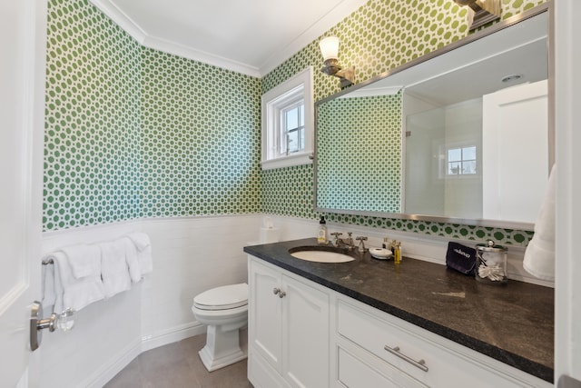 1 Harris Ln, Kennebunk, ME 04043 - bathroom featuring toilet, vanity, crown molding, a wainscoted wall, and a shower