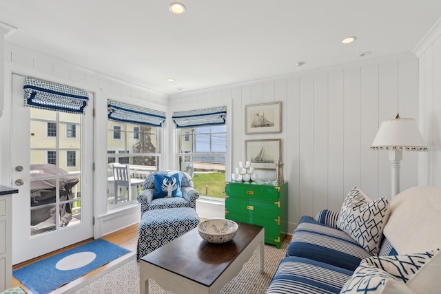 1 Harris Ln, Kennebunk, ME 04043 - living area with ornamental molding, light wood-style floors, and recessed lighting
