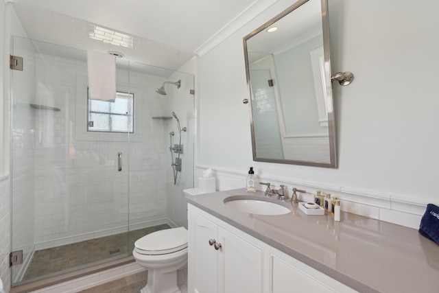 1 Harris Ln, Kennebunk, ME 04043 - full bath with crown molding, toilet, a shower stall, and vanity