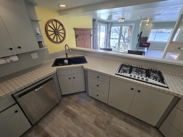 kitchen featuring a sink, wood finished floors, tile counters, tasteful backsplash, and appliances with stainless steel finishes