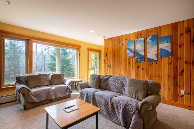 living area featuring carpet flooring, wooden walls, a healthy amount of sunlight, and recessed lighting