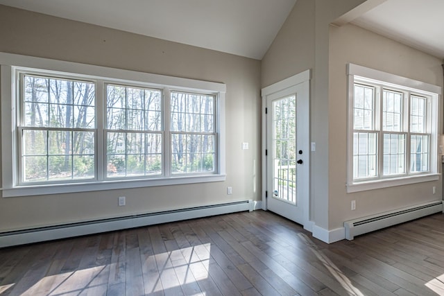 entryway with a baseboard heating unit, dark wood-style flooring, lofted ceiling, and baseboards