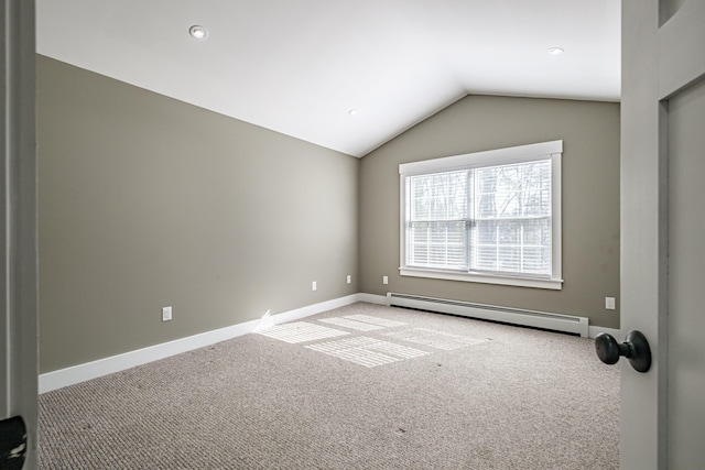 empty room with a baseboard radiator, light carpet, lofted ceiling, baseboards, and recessed lighting