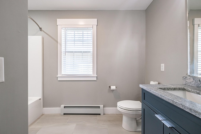 bathroom with a baseboard radiator, baseboards, toilet, and vanity