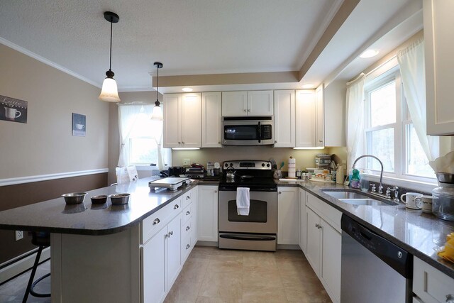 kitchen with stainless steel appliances, a sink, a peninsula, white cabinets, and healthy amount of natural light