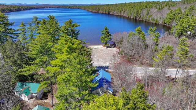 676 S High St, Bridgton, ME 04009 - drone / aerial view featuring a wooded view and a water view