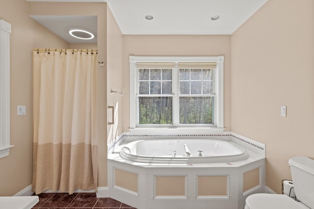 4 Geary Way, Falmouth, ME 04105 - full bath with toilet, a garden tub, a shower with shower curtain, and baseboards