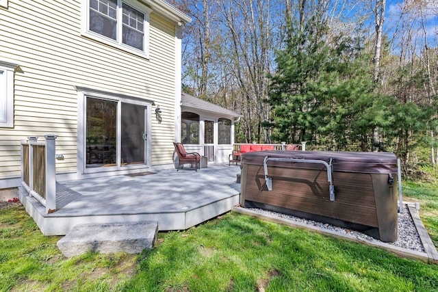 4 Geary Way, Falmouth, ME 04105 - wooden terrace with a hot tub, a lawn, and a sunroom