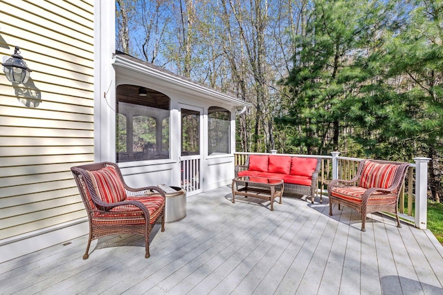 4 Geary Way, Falmouth, ME 04105 - wooden deck featuring an outdoor living space and a sunroom